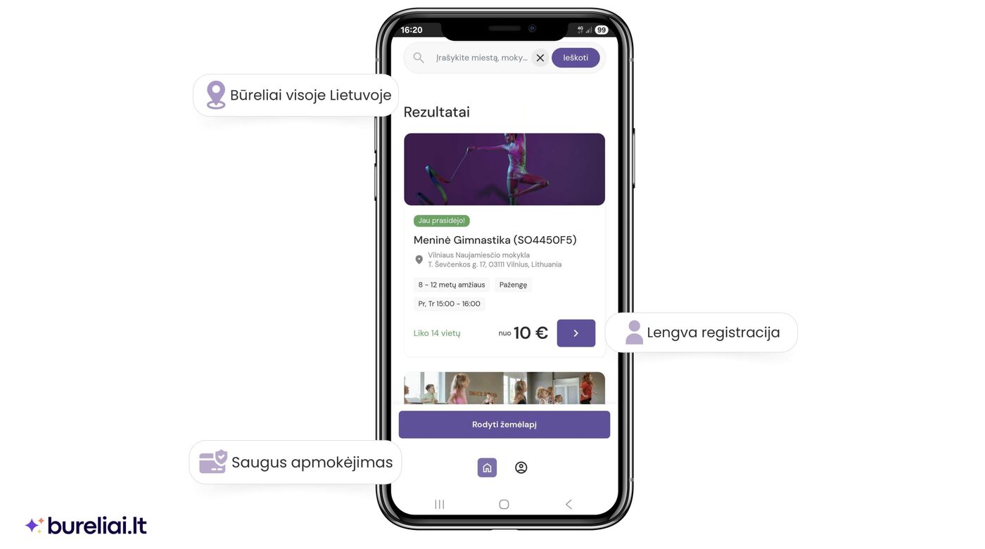 bureliai.lt platforma - visi vaikų būreliai vienoje vietoje, patogi paieška ir aiški registracija